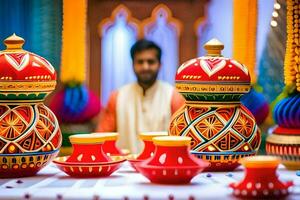 ein Mann im ein indisch Outfit sitzt im Vorderseite von bunt Vasen. KI-generiert foto