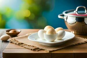 Eier auf ein Teller mit ein Topf und ein Pfanne. KI-generiert foto