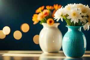 zwei Vasen mit Weiß Blumen im Sie auf ein Tisch. KI-generiert foto