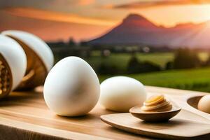 Eier und Butter auf ein hölzern Tabelle mit Berge im das Hintergrund. KI-generiert foto