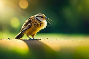 ein Vogel ist Stehen auf das Boden mit es ist Schnabel offen. KI-generiert foto