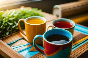 zwei Tassen von Kaffee auf ein Tablett. KI-generiert foto