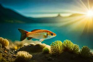 Fisch im das Ozean mit das Sonne leuchtenden. KI-generiert foto