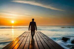 ein Mann im ein passen Spaziergänge auf ein hölzern Seebrücke beim Sonnenuntergang. KI-generiert foto