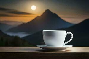 Kaffee Tasse auf das Tabelle mit Berge im das Hintergrund. KI-generiert foto