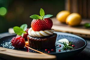 ein Dessert mit Erdbeeren und Sahne auf ein schwarz Platte. KI-generiert foto