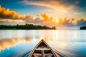 das Boot ist auf das Ruhe Wasser beim Sonnenuntergang. KI-generiert foto