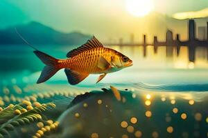 Fisch im das Wasser mit Stadt Horizont im Hintergrund. KI-generiert foto