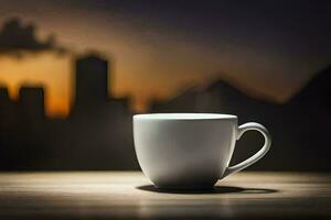 ein Kaffee Tasse sitzt auf ein Tabelle im Vorderseite von ein Stadt Horizont. KI-generiert foto