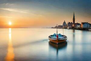 ein Boot ist schwebend im das Wasser beim Sonnenuntergang. KI-generiert foto