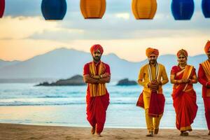 indisch Hochzeit Party auf das Strand. KI-generiert foto