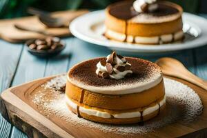 zwei Kuchen auf hölzern Bretter mit pulverisiert Zucker. KI-generiert foto