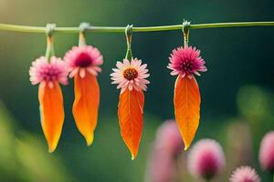 vier Orange Blumen hängen von ein Kabel. KI-generiert foto