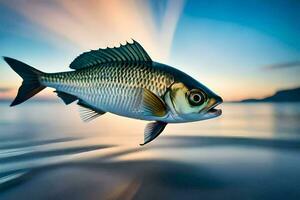 ein Fisch ist fliegend Über das Wasser beim Sonnenuntergang. KI-generiert foto