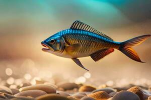 ein Fisch ist Schwimmen auf das Felsen. KI-generiert foto