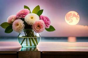 Blumen im ein Vase auf ein Tabelle mit ein voll Mond. KI-generiert foto
