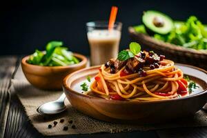 Spaghetti mit Fleisch und Gemüse im ein Schüssel. KI-generiert foto