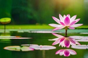 ein Rosa Lotus Blume ist reflektiert im das Wasser. KI-generiert foto