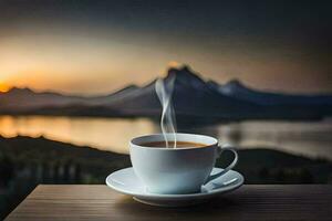 ein Tasse von Kaffee auf ein Tabelle mit ein Aussicht von Berge. KI-generiert foto