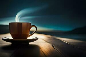 ein Tasse von Kaffee auf ein Tabelle mit ein Blau Himmel. KI-generiert foto