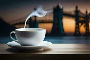 Tasse von Kaffee mit ein Aussicht von das Brücke. KI-generiert foto