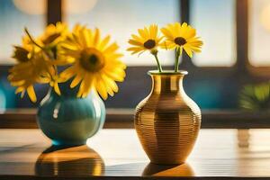 zwei Vasen mit Gelb Blumen Sitzung auf ein Tisch. KI-generiert foto