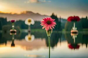 ein Blume ist Stehen im das Wasser mit Berge im das Hintergrund. KI-generiert foto