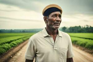 ein afrikanisch Mann Stehen im ein Feld. KI-generiert foto