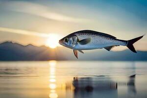 ein Fisch ist fliegend Über das Wasser beim Sonnenuntergang. KI-generiert foto