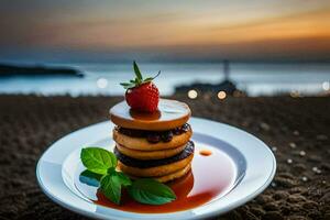 ein Stapel von Pfannkuchen mit Erdbeeren auf oben. KI-generiert foto