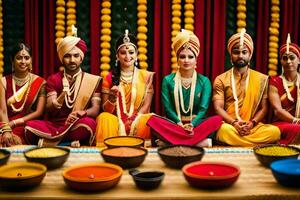 ein Gruppe von Menschen im indisch Kleidung Sitzung um ein Tisch. KI-generiert foto