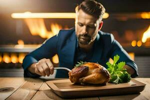 ein Mann im ein passen ist Schneiden ein Hähnchen auf ein hölzern Schneiden Tafel. KI-generiert foto