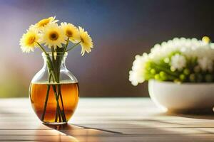 ein Vase mit Gelb Blumen auf ein Tisch. KI-generiert foto