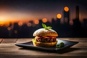 ein Hamburger auf ein Teller mit ein Stadtbild im das Hintergrund. KI-generiert foto