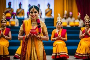 ein Frau im traditionell indisch Kleidung halten ein Kerze. KI-generiert foto