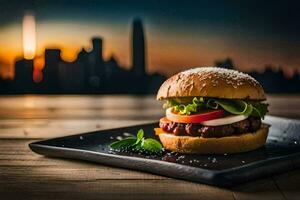 ein Hamburger auf ein schwarz Teller mit ein Stadt Horizont im das Hintergrund. KI-generiert foto