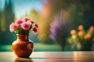 ein Vase mit Rosa Blumen auf ein Tabelle im Vorderseite von ein verschwommen Hintergrund. KI-generiert foto