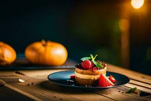 ein Dessert auf ein Teller mit Erdbeeren und ein Kürbis. KI-generiert foto