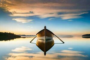 ein Boot ist reflektiert im das Wasser beim Sonnenuntergang. KI-generiert foto