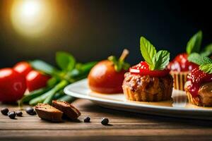 Foto Hintergrund Essen, Nachtisch, das Platte, Tomaten, Kirsche, Essen, Essen, Essen,. KI-generiert