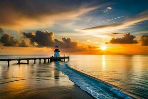 ein Leuchtturm steht auf das Strand beim Sonnenuntergang. KI-generiert foto