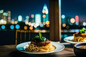 ein Teller von Spaghetti und ein Schüssel von Tomate Soße sitzen auf ein Tabelle im Vorderseite von ein Stadt. KI-generiert foto