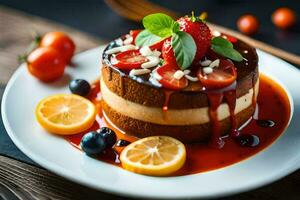 ein Dessert mit Erdbeeren und Blaubeeren auf ein Platte. KI-generiert foto