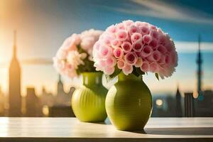 zwei Grün Vasen mit Rosa Rosen auf ein Tabelle im Vorderseite von ein Stadt Horizont. KI-generiert foto