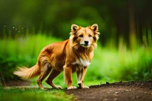 ein Hund Gehen auf ein Schmutz Straße im das Wald. KI-generiert foto
