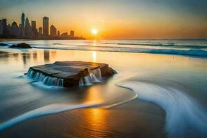 ein Stadt Horizont beim Sonnenuntergang mit Wellen abstürzen auf das Strand. KI-generiert foto