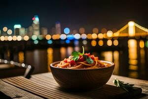 ein Schüssel von Pasta mit ein Stadt Horizont im das Hintergrund. KI-generiert foto