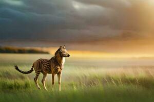 ein Zebra ist Stehen im das Gras. KI-generiert foto