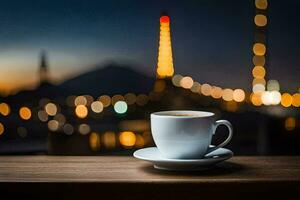 ein Tasse von Kaffee auf ein hölzern Tabelle im Vorderseite von das Eiffel Turm. KI-generiert foto