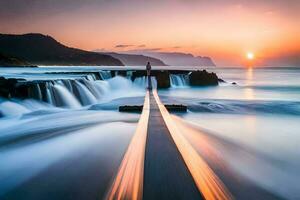 ein lange Exposition fotografieren von ein Wasserfall im das Ozean. KI-generiert foto